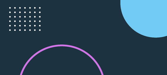 Navy background with grid of white small dots in right-hand corner and blue circle in top left-hand corner. Purple outline of a semi-circle, bottom ,c