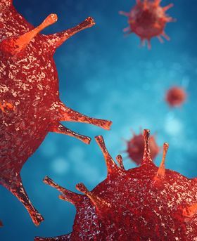 3D illustration of red virus particles with spike-like projections in a dark blue background.