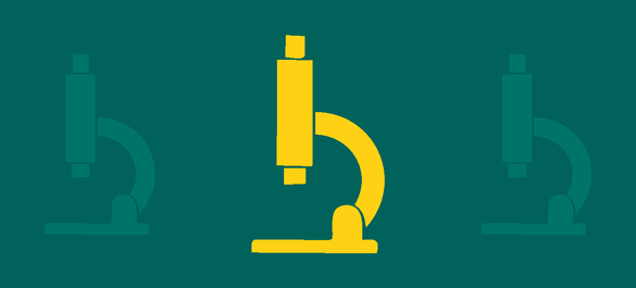 Three microscope icons: centre icon yellow and the others green. 