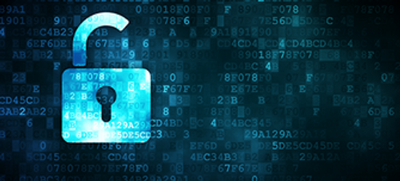 Open lock icon on a coding background. 