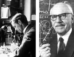 Two black and white photos of men working in science.