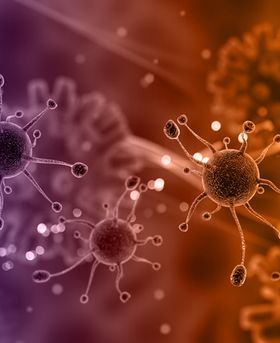 3D illustration of red virus particles with spike-like projections in a dark red background.