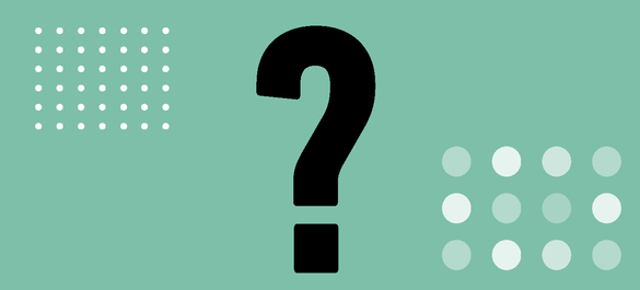 Turquoise background, grid of white dots upper-left and larger spots of different transparency in bottom right-hand, large black question mark centre.