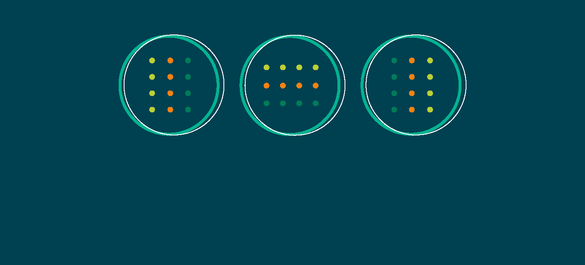 Navy background with three rings, each filled with  rows of yellow, orange and green dots. 