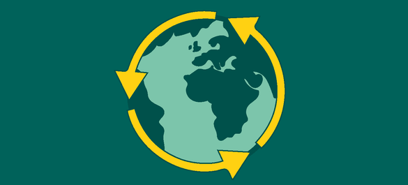 Globe icon, encased by three yellow arrows. 