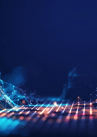 Abstract glowing network of connected dots and lines on a dark blue background, representing technology or data