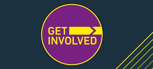 Graphic that reads "Get Involved" in a purple circle with a yellow outline.