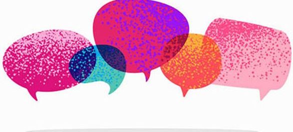 Several pink, purple, orange and blue speech bubbles on white background. 