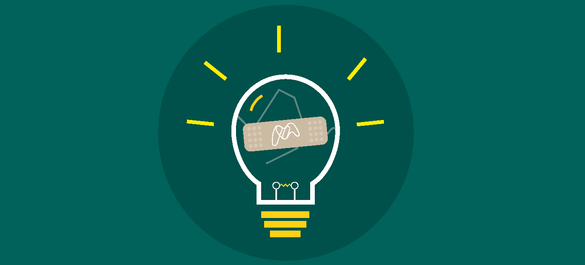 Broken, glowing lightbulb held together by a Microbiology Society plaster. 