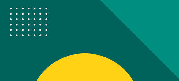 Banner with a dark green background with a grid of white dots in the left-hand corner, a turquoise right-hand corner and a yellow semi-circle, bottom-