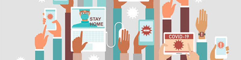 Illustration of arms reaching upwards, pointing towards tablets, phones and a laptop that display COVID-19 related graphics. 