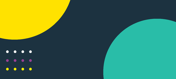 Navy background with a yellow semi-circle in the top, left hand corner  with a grid of white, purple and yellow dots and a turquoise semi-circle in th