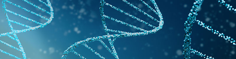 Blue background with DNA helix structures. 