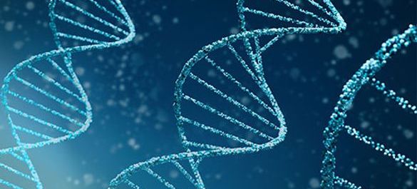 Blue background with DNA helix structures. 