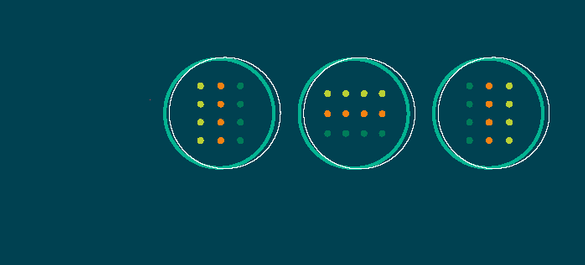 Navy background with three rings, each filled with  rows of yellow, orange and green dots. 