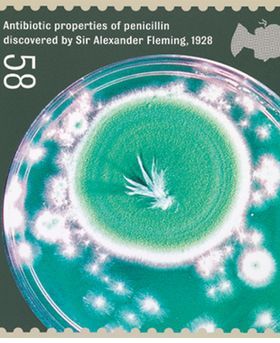 A postage stamp image with penicillin mold in a petri dish. Reading: "Antibiotic properties of penicillin discovered by Sir Alexander Fleming, 1928."