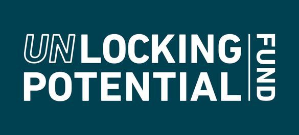 Navy blue banner with text reading: "Unlocking Potential Fund."