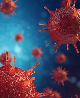 3D red spherical, virus-like particles in a dark blue background.