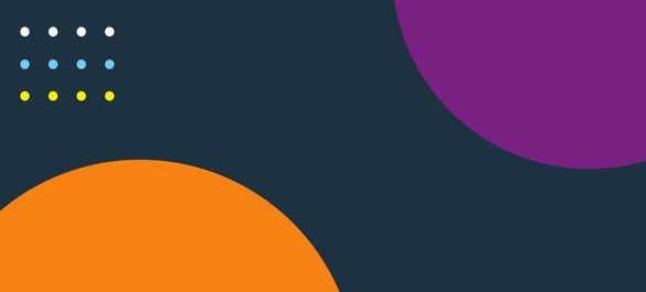 Graphic that features a navy background with an orange and a purple semi-circle graphic, with a grid of white, blue and yellow dots on left-hand side.