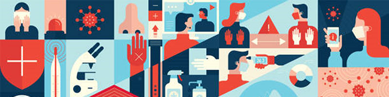 A collection of red, light blue and dark blue graphics depicting various activities and techniques for SARS-CoV-2 detection. 