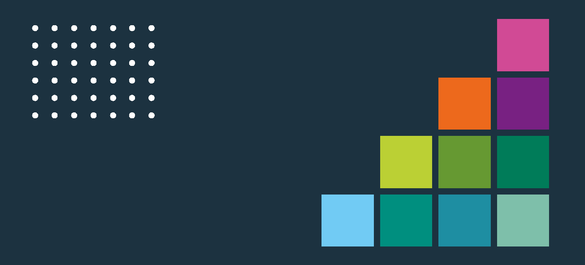 Navy background with grid of small white dots in right-hand corner and an ascending stack of multicoloured blocks on left-hand side. 