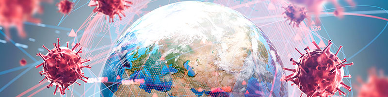 A graphic featuring the globe in centre, surrounded by red viruses. 
