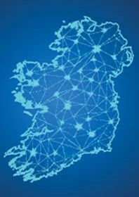 Blue outline of Ireland on a map with interconnecting lines.