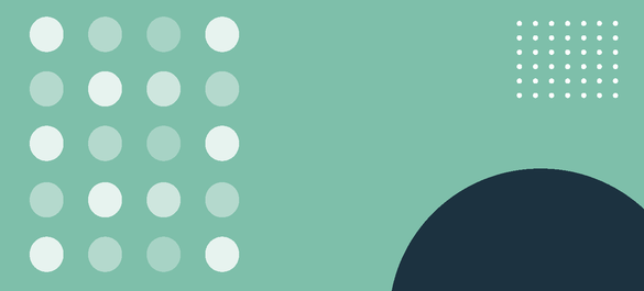 Turquoise background with a grid of dots with alternating transparency; a navy semi-circle bottom right, as well as a small grid of white dots in top 