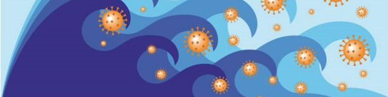 Cartoon-style waves in varying levels of blue opacity, surrounded by yellow viruses. 