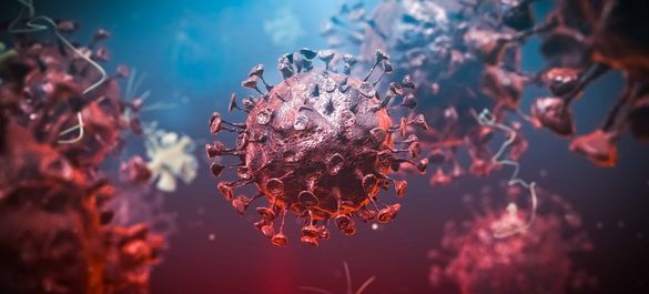 Red COVID-19 viruses close up. 