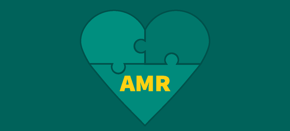 Jigsaw heart, with yellow text that reads 'AMR'. 