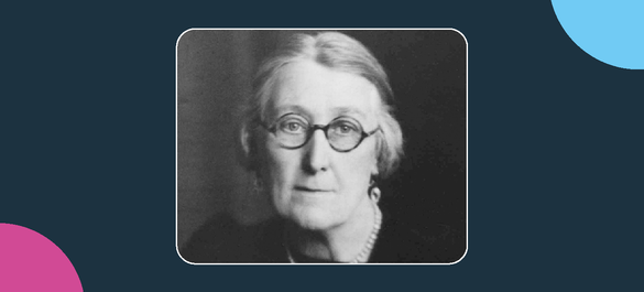 A navy banner cover with a pink/blue shapes and a photo Marjory Stephenson.