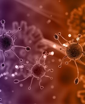 3D red spherical, virus-like particles in a dark red background.