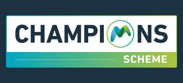 Graphic that reads "Champions Scheme" with Microbiology Society logo in "O" of "Champions".