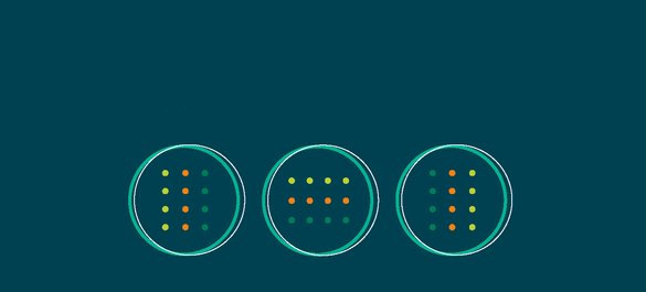Navy background with three rings, each filled with  rows of yellow, orange and green dots. 