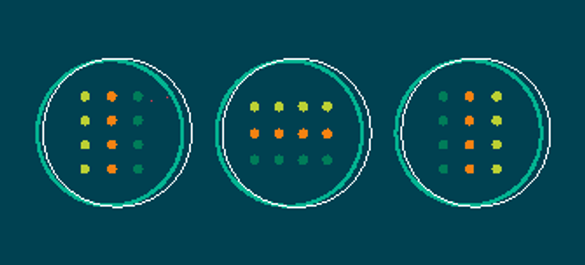 Navy background with three rings, each filled with  rows of yellow, orange and green dots. 