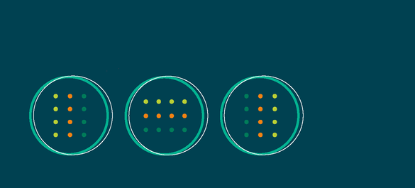 Navy backhground with three rings, each filled with rows of yellow, orange and green dots.