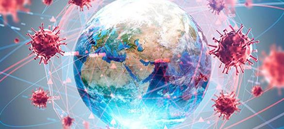 A graphic featuring the globe in centre, surrounded by red viruses. 