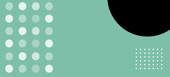 Turquoise background with a grid of dots with alternating transparency; a black semi-circle at the right-hand corner as well as a grid of white dots.