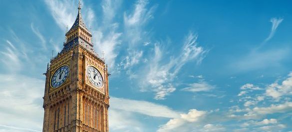 Big Ben, on cloudy, blue skies. 