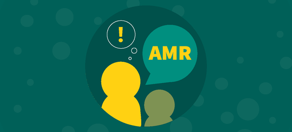 Illustration of two people icons with two speech bubbles above them, one with a yellow exclamation point and another with 'AMR'. 